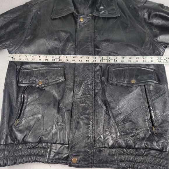 Leather & Soul jacket leather patchwork pockets snaps elastic waist size Med blk - Picture 3 of 14